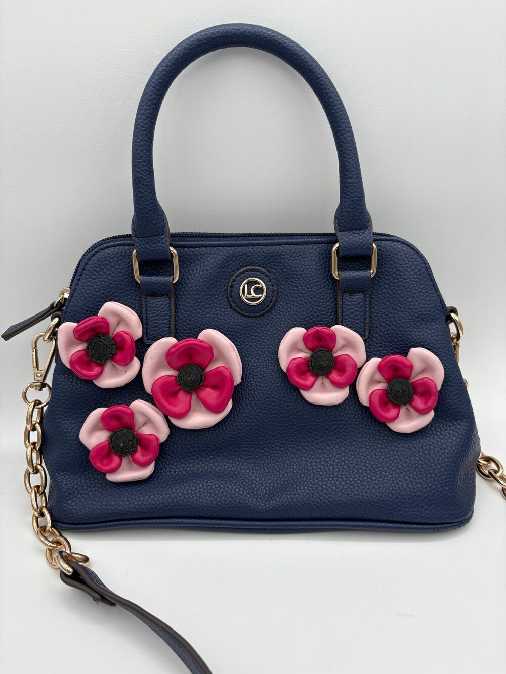 Liz Clairborne Nayla Mini Dome Satchel Navy Blue Handbag Pink Flowers Crossbody